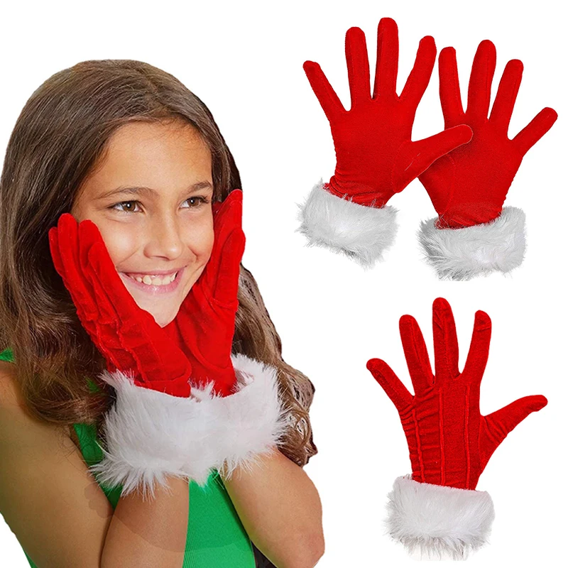 

Christmas Skeleteen Red Fur Costume Gloves - Red Velvet Gloves With White Furry Cuff Accessories For Costumes For Women And Kids