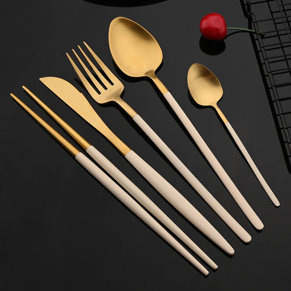 

5Pcs Beige Gold 304 Stainless Steel Flatrware Knife Fork Spoon Chopsticks Portable Dinnerware Set Travel Cutlery Matte Tableware