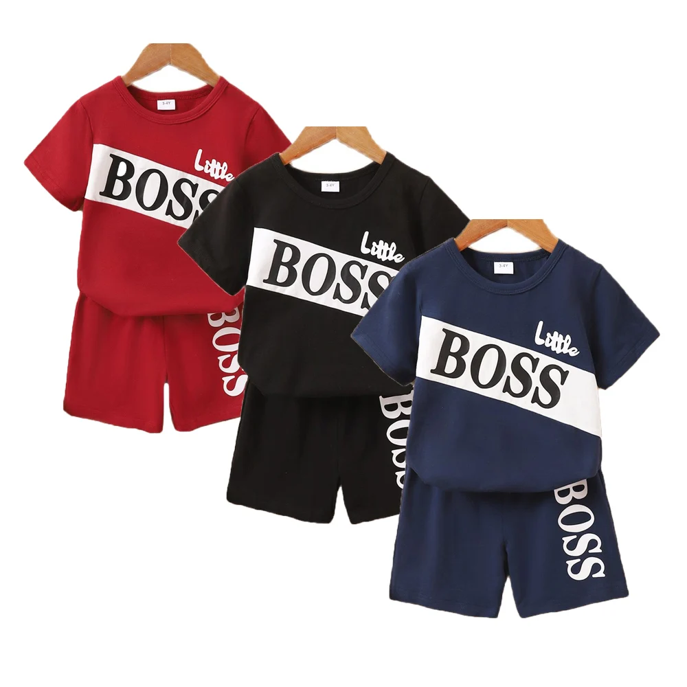 1-6 Years Boy 2PCS Clothing Set Letter T-shirt+Solid Color Shorts Fashion 3 Colors Sport Style Child Boy Summer Holiday Outfit