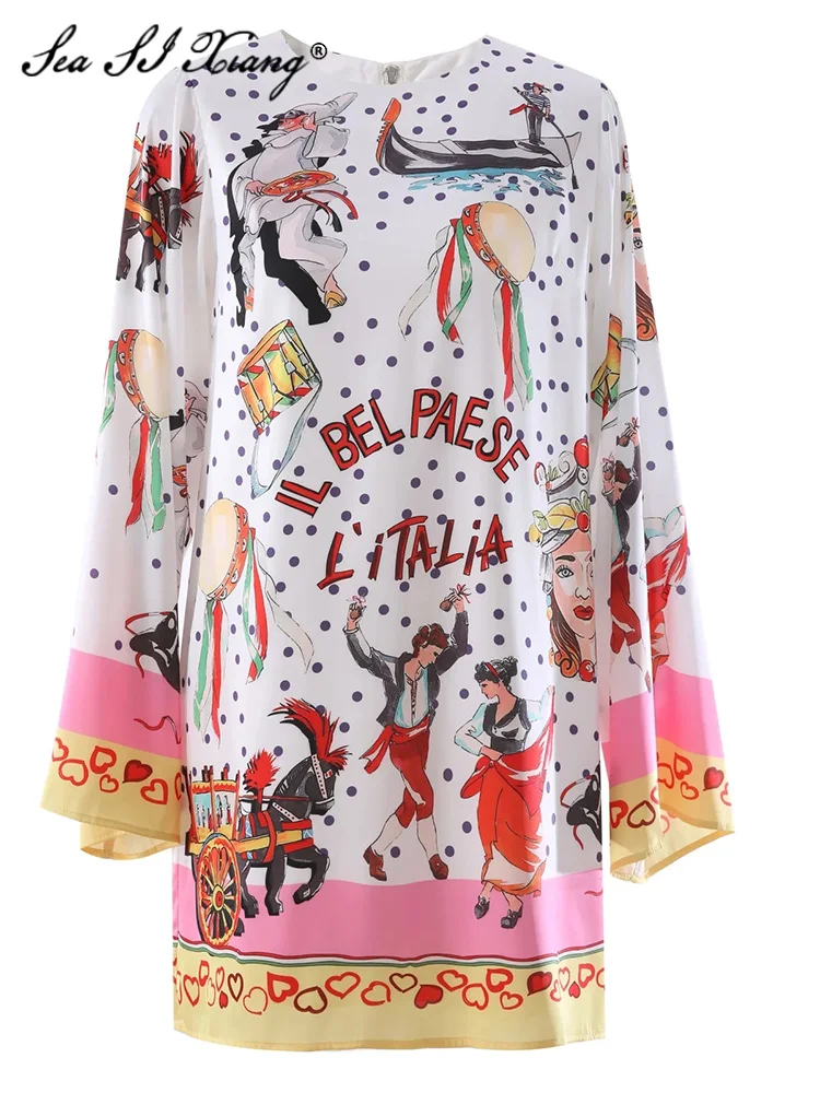 

Seasixiang Fashion Designer Autumn Loose Dress Women O-Neck Flare Sleeve Dot Cartoon Print High Street Dresses