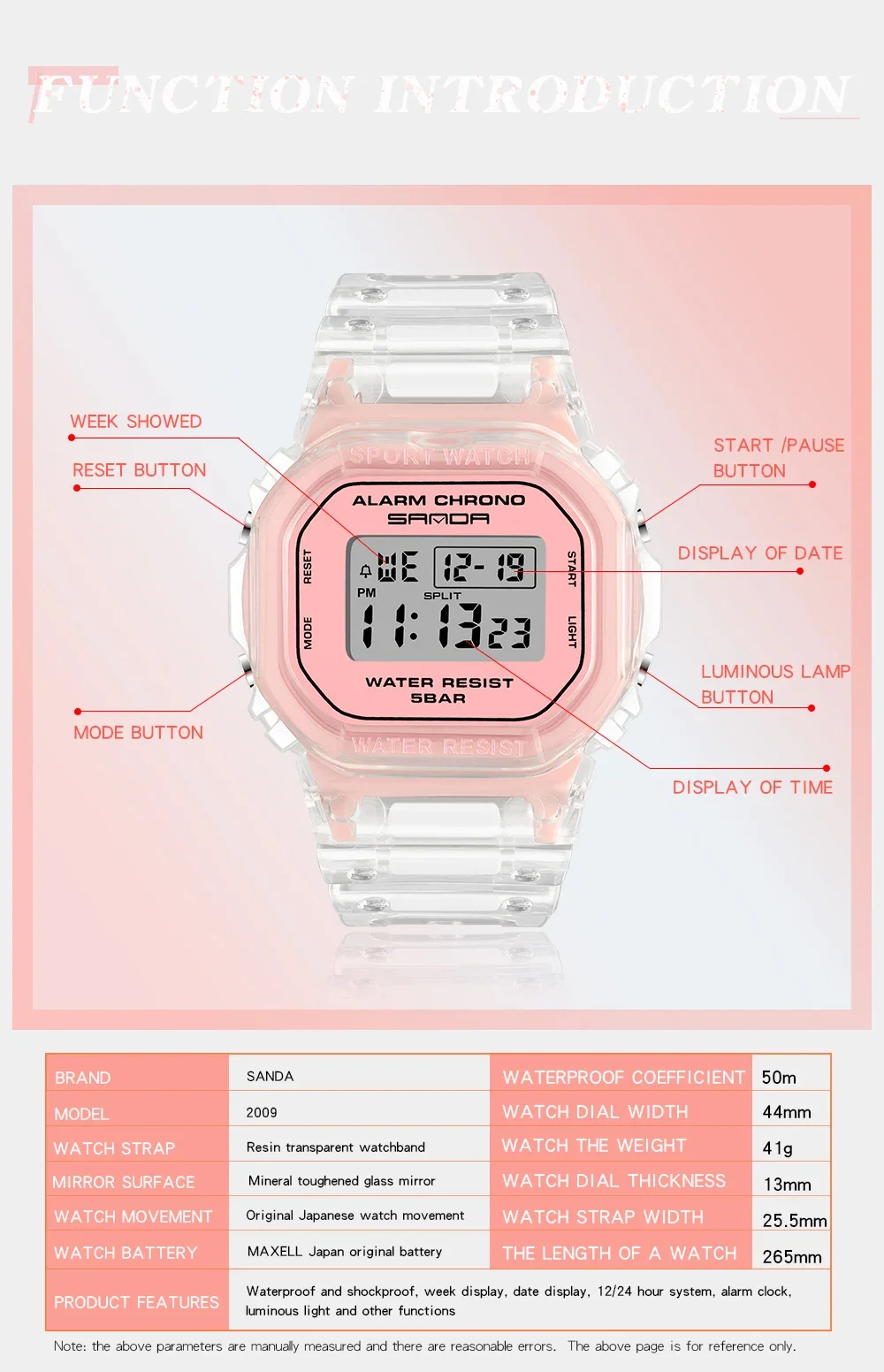 Sanda 2009 Квадратные прозрачные электронные часы с ремешком многофункциональные