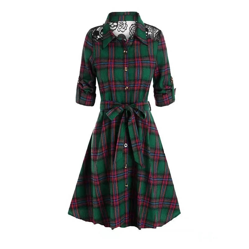 

Gothic Women Shirt Casual Dress Plaid Lace Button Front Roll Tab Belted Dress Long Sleeves Sexy Party Dress Spring Summer