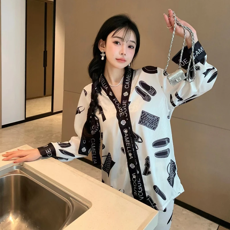 2023 Pajamas for Women's Spring and Summer Light Luxury Smooth Home Suit with Belt Breathable and Casual Sleepwear with V-neck