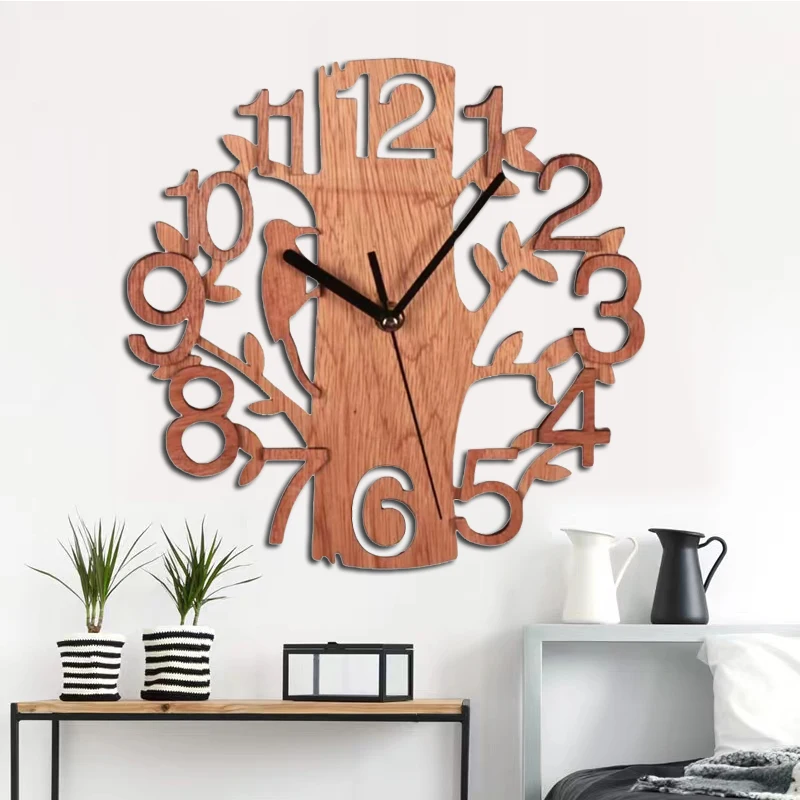 

Wooden Tree Shape Wall Clock Hanging DIY Round Watches Battery Operated For Office Living Room Home Decoration Wall Clocks Gift