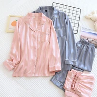 newest two piece silk couple pajamas set spring and summer long sleeve trouser home wear for women ladies casual home service