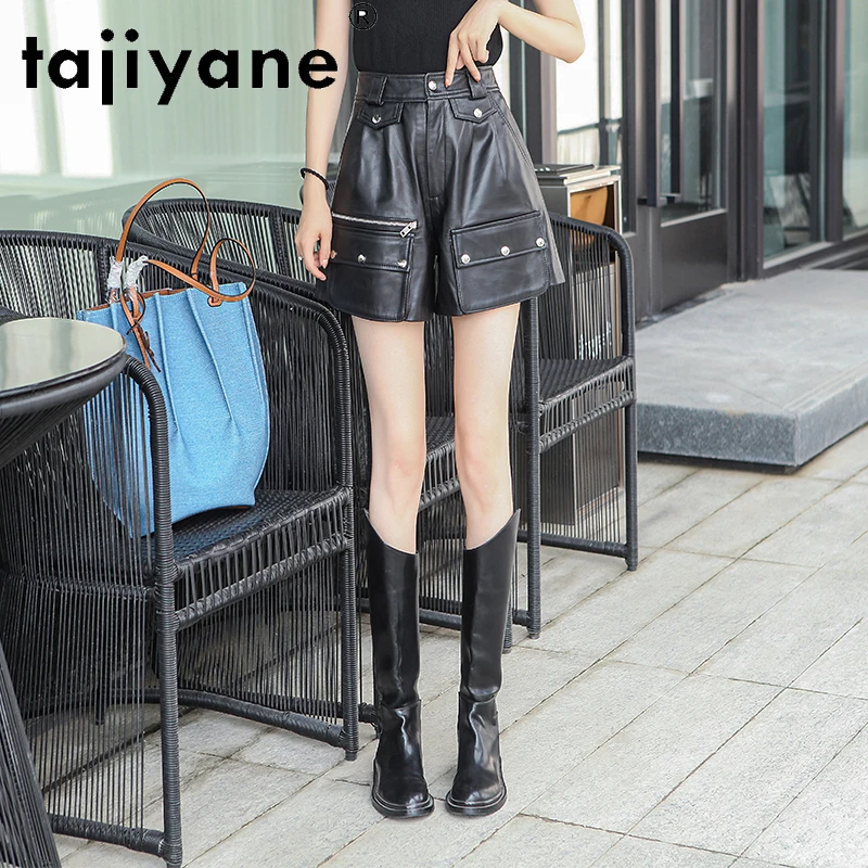 Tajiyane Genuine Leather Shorts Women Spring New High Waist Wide-leg Pants Sheepskin Fashion Tooling Leather Boots Pants  FCY061
