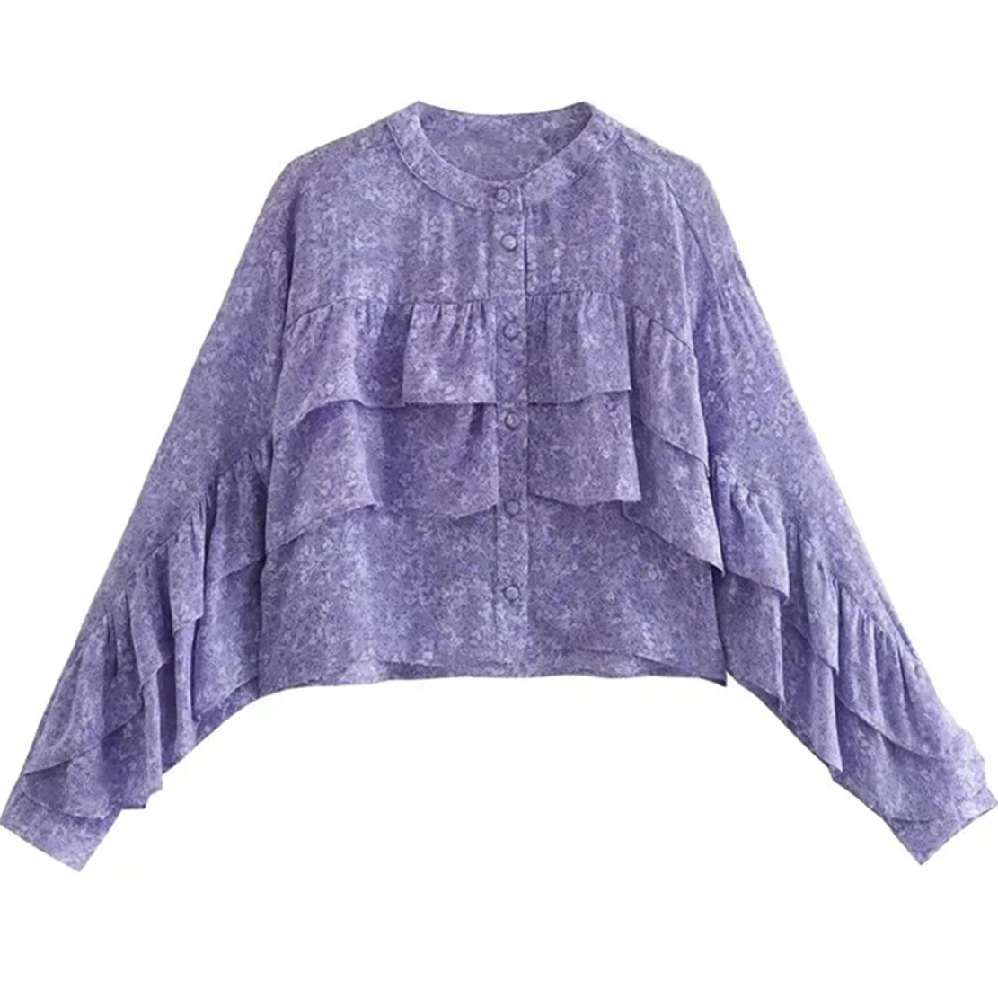 

Dave&Di 2022 French Style Indie Folk Vintage Cascading Ruffles Batwing Sleeve Loose Floral Short Shirt Casual Blouse Women