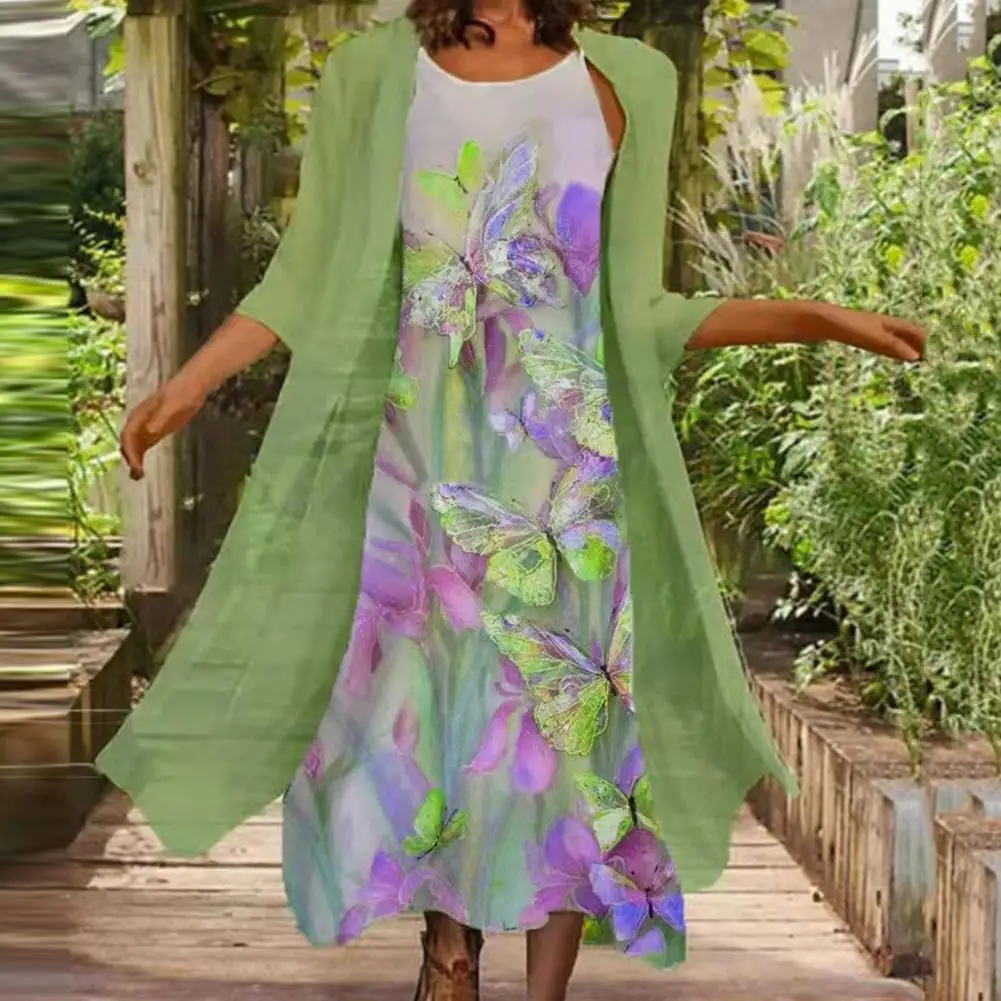

2 Pcs/Set Women Dress Coat Set Colorful Flower Print Long Sleeve Ethnic Style Round Neck Daily Clothes