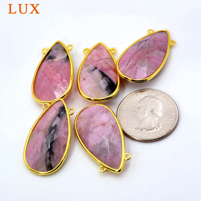 Natural Rhodonite Pendant Teardrop Connector 30x15mm Handmade Gold Bezel Gemstone Charm Red Stone Jewelry | Украшения и