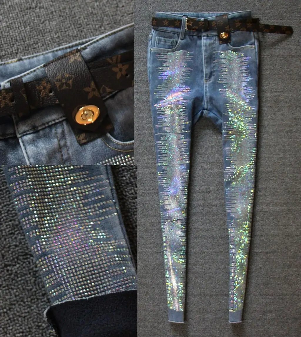 

New arrived fashion high-waist skinny jeans women rhinestones dazzling and shiny stretch pencil jeans