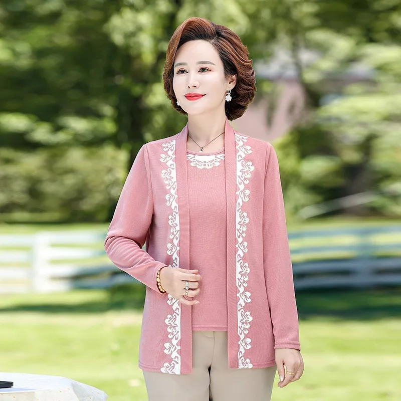 

Real Two Pieces Sets knitted thin Sweater Women Autumn Long Sleeve Mother Set Cardigan High Quality Print Sweater For Women