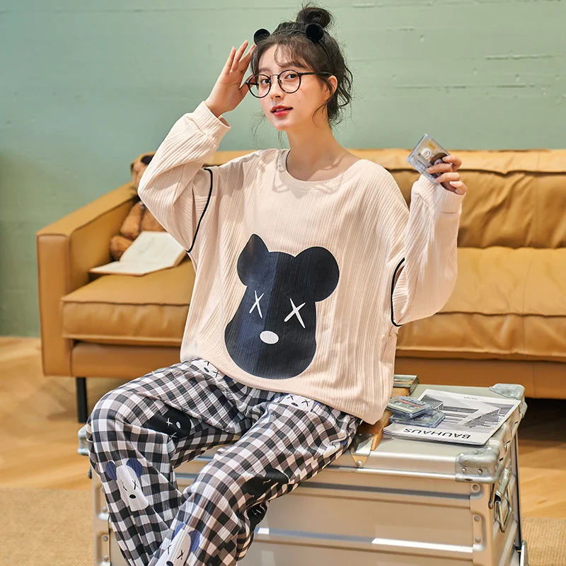 Autumn Pajamas Set Casual Sleepwear For Women Elastic Sweet Cartoon Pyjama Women's Fashion Homewear Clothes Big Size