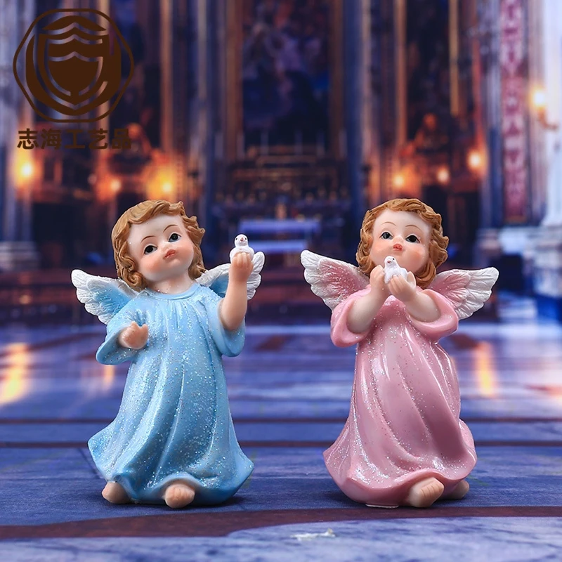 Peace Dove Angel Figurine 1 Pair Resin Religion Praying Girl White Doves for Home Church Living Room Decoration Birthday Gift