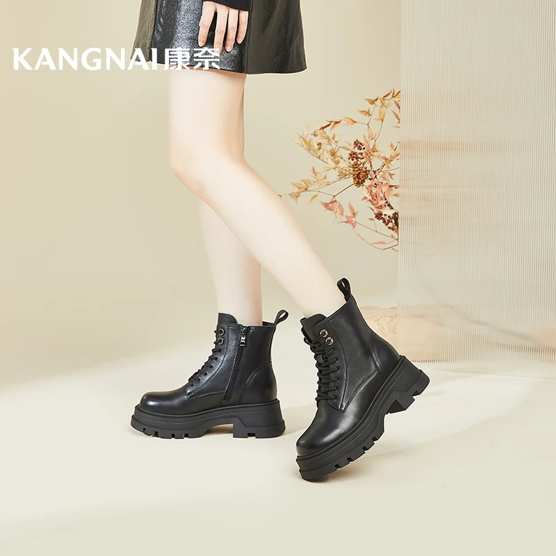 

Kangnai Women Boots Thin Fur Lace-Up Cow Leather Side Zip Round Toe Flat Platform Female Shoes Ankle Boots