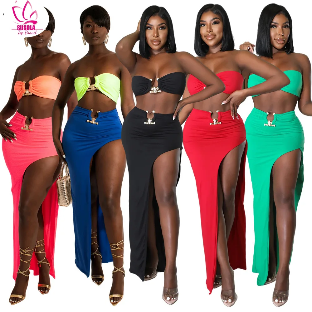 

SUSOLA Sexy Two Piece Set Dresses For Women 2022 Camisole Strapless Crop Top + Pleated Maxi Skirt Night Club Party Outfits Suit