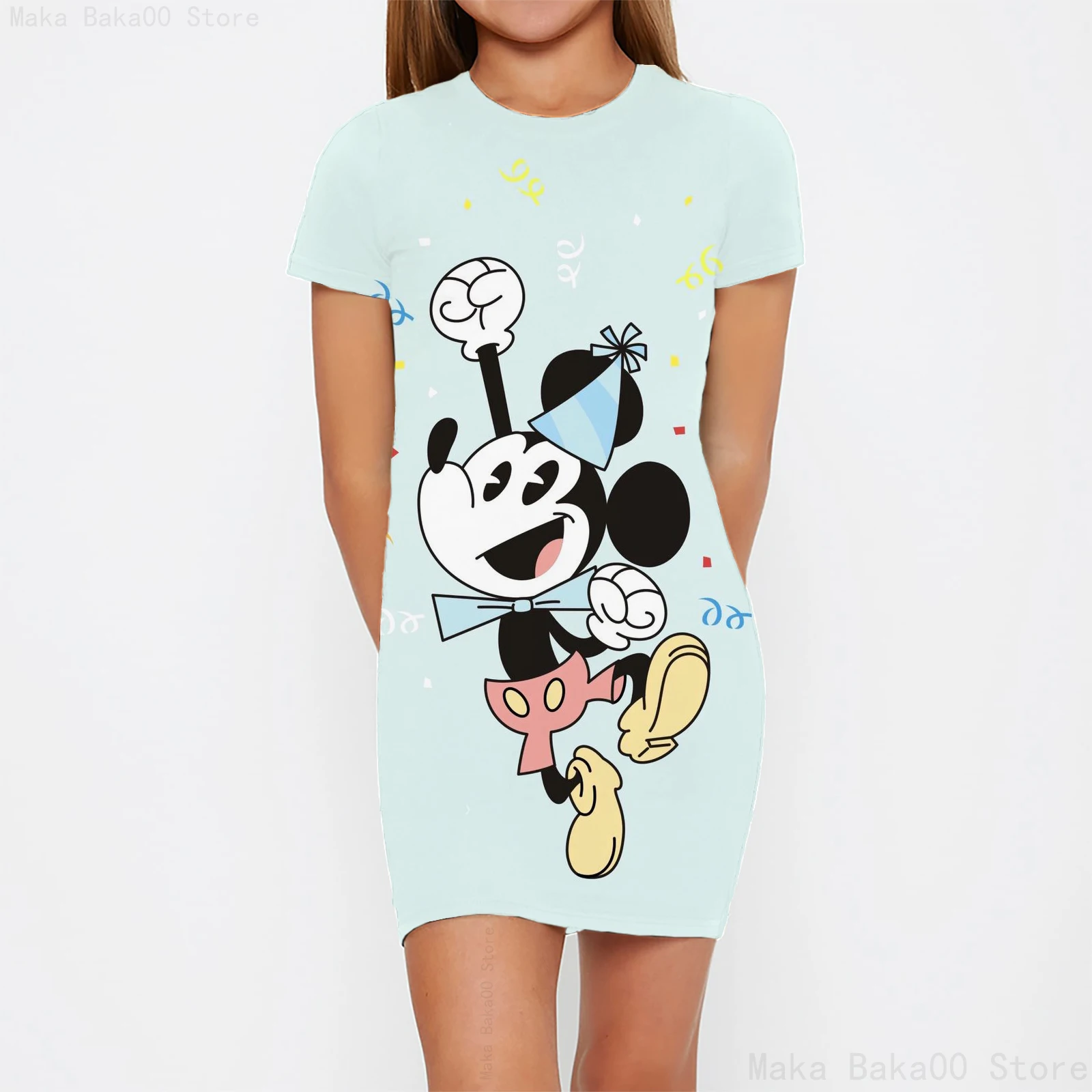 Женское облегающее платье с круглым вырезом и рисунком Микки Мауса