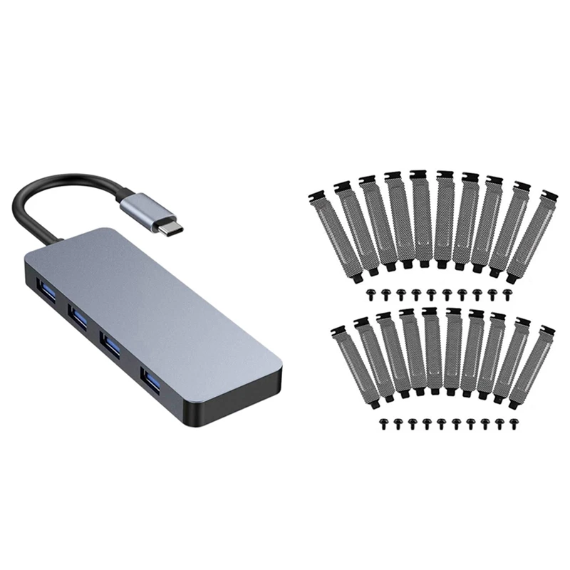 

20x PCI Slot Cover Hard Steel Dust Filter Blanking Plate & 1x Type-C Docking Station USB-C to 4-Port USB HUB