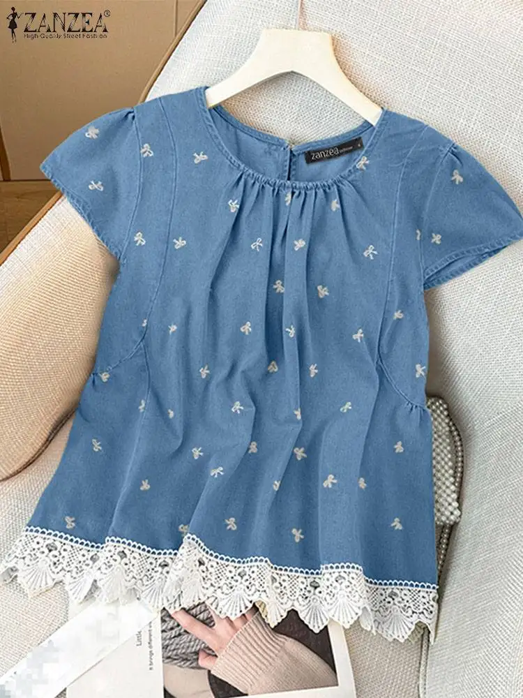 Летняя Блузка ZANZEA 20214 Повседневная с круглым вырезом и коротким рукавом