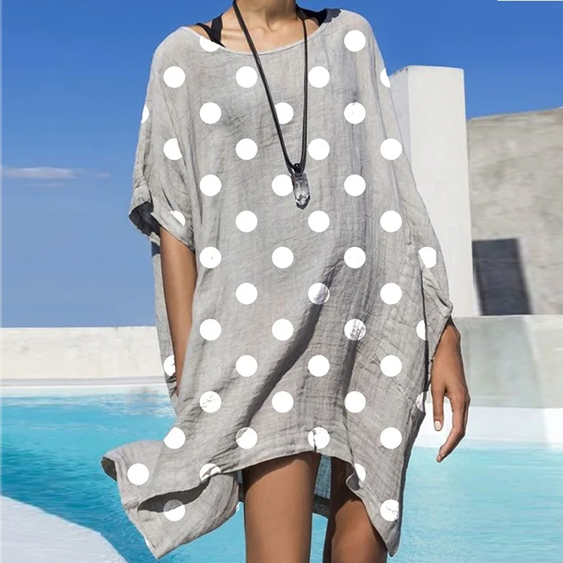 

Women's Dress 2022 Summer Fashion Casual Round Neck Dot Loose Cotton Linen Irregular Ladies Midi Dress SJ392