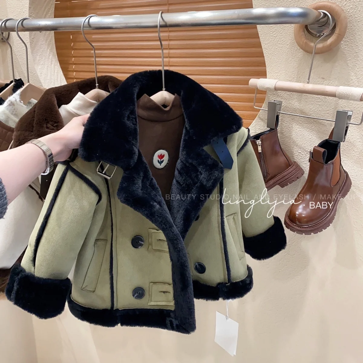 2023 New Children's Fur Boys' Motorcycle Clothing Plush And Thickened