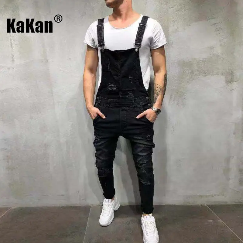 Kakan - European and American New Trendy Perforated Strap Jeans for Men, Dark Blue Black One Piece Long Jeans K45-828