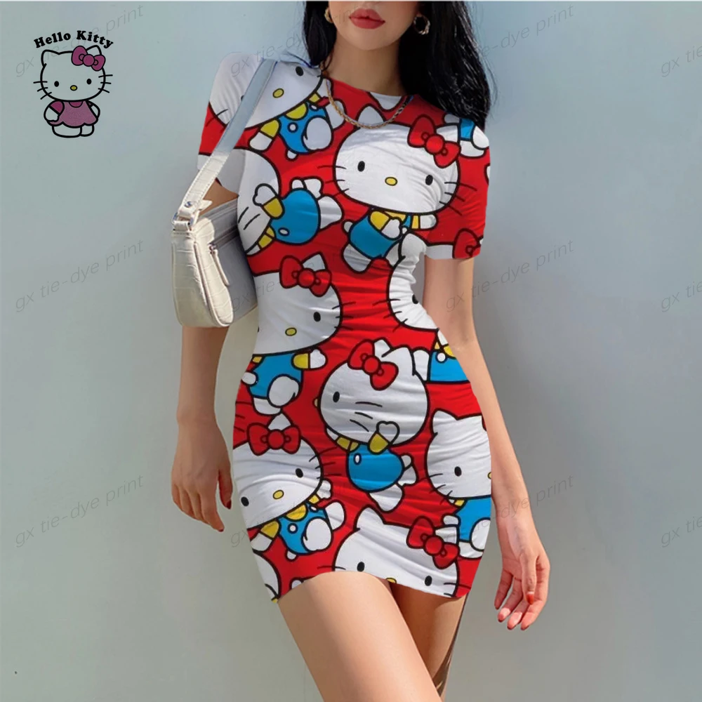 

Платье-миди с коротким рукавом, круглым вырезом и принтом Hello Kitty