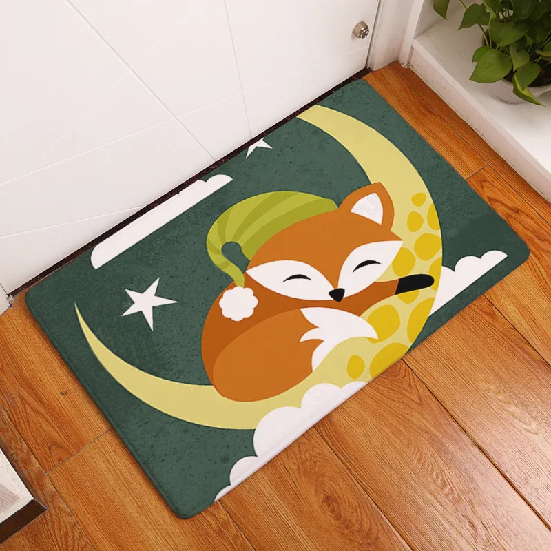 

Cartoon Fox Print Decorative Hallway Entrance Doormat Owl Pattern Non Slip Bathroom Carpet Home Decor Absorbent Kitchen Rug