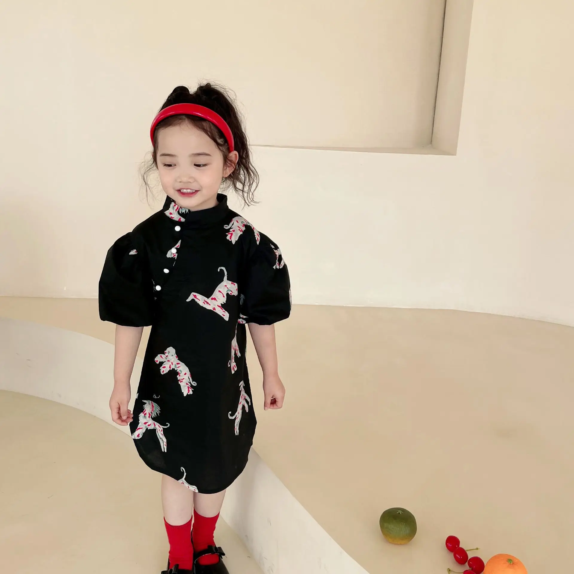 

Chinese style cheongsam summer new products 2022 retro children's dress printing baby skirt children's clothing girls cheongsam