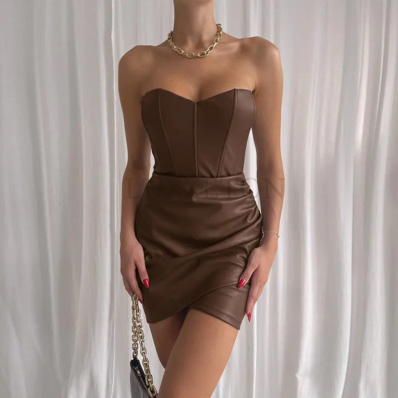 

Sexy Faux Leather Strapless Mini Dresses Women Backless Bodycon Party Short Dress Female Fashion Off Shoulder Dress