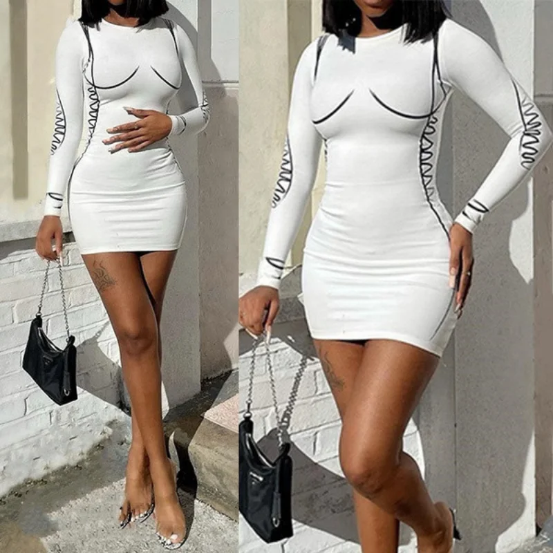 Купи 2022 Fashion Autumn Women Long Sleeve Dress Round Collar Printed Slim Mini Skirt Bodycon Package Hip Dress Clubwear за 689 рублей в магазине AliExpress