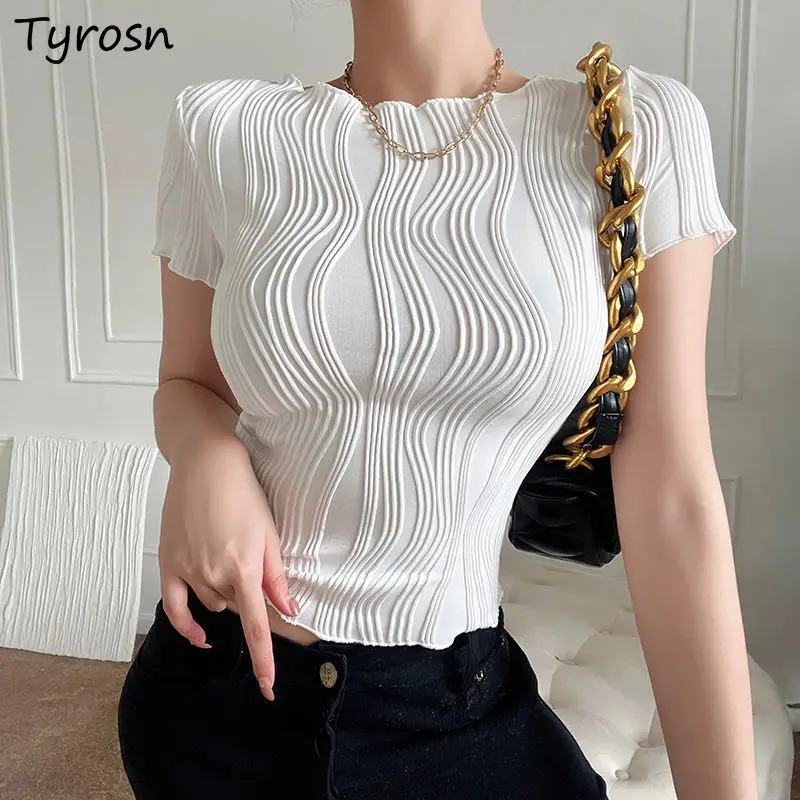 

T-shirts Women Slim Fashion Simple Solid All-match Folds Leisure French Style Daily Elegant Tender Summer O-neck Basic Sexy Tops