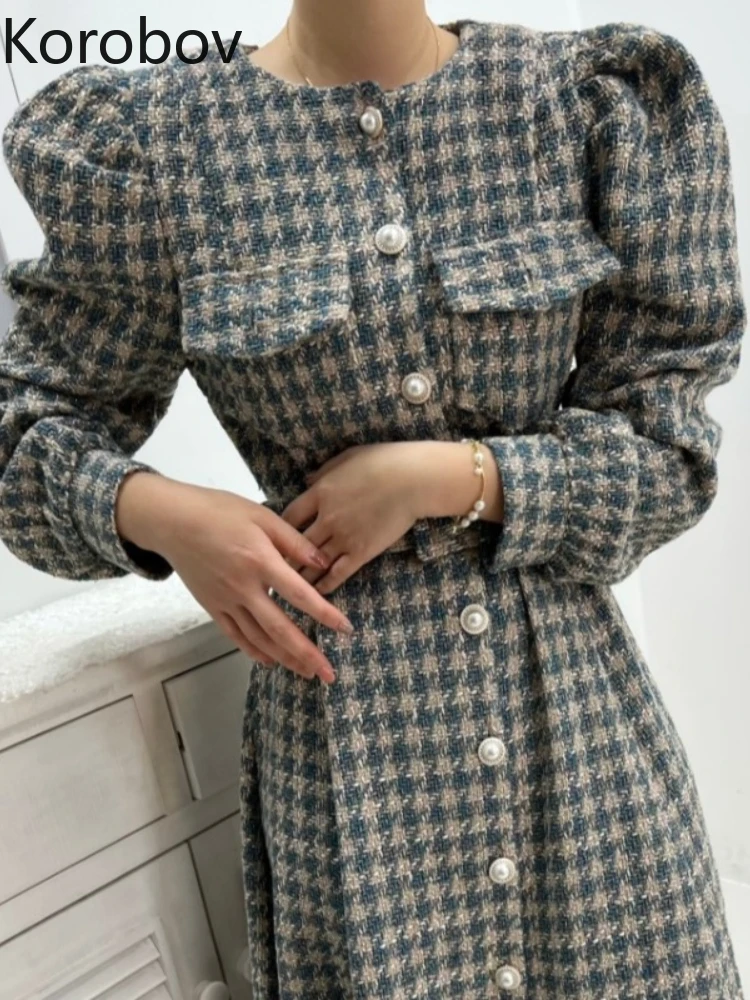 

Korobov Autumn Winter Vintage Robe Slim Fit French Temperament Puff Sleeves Grid Dresses for Women 2022 Korean Fashion Vestido