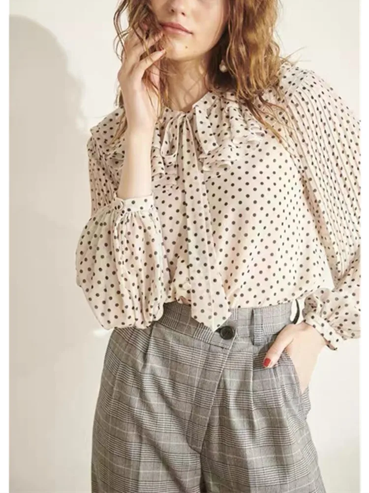 

Polka Dot Women Ruffle Collar Pleated Blouses Long Sleeve Bow Lace-up Chemise Single Breasted Female Shirt 2022 Spring new