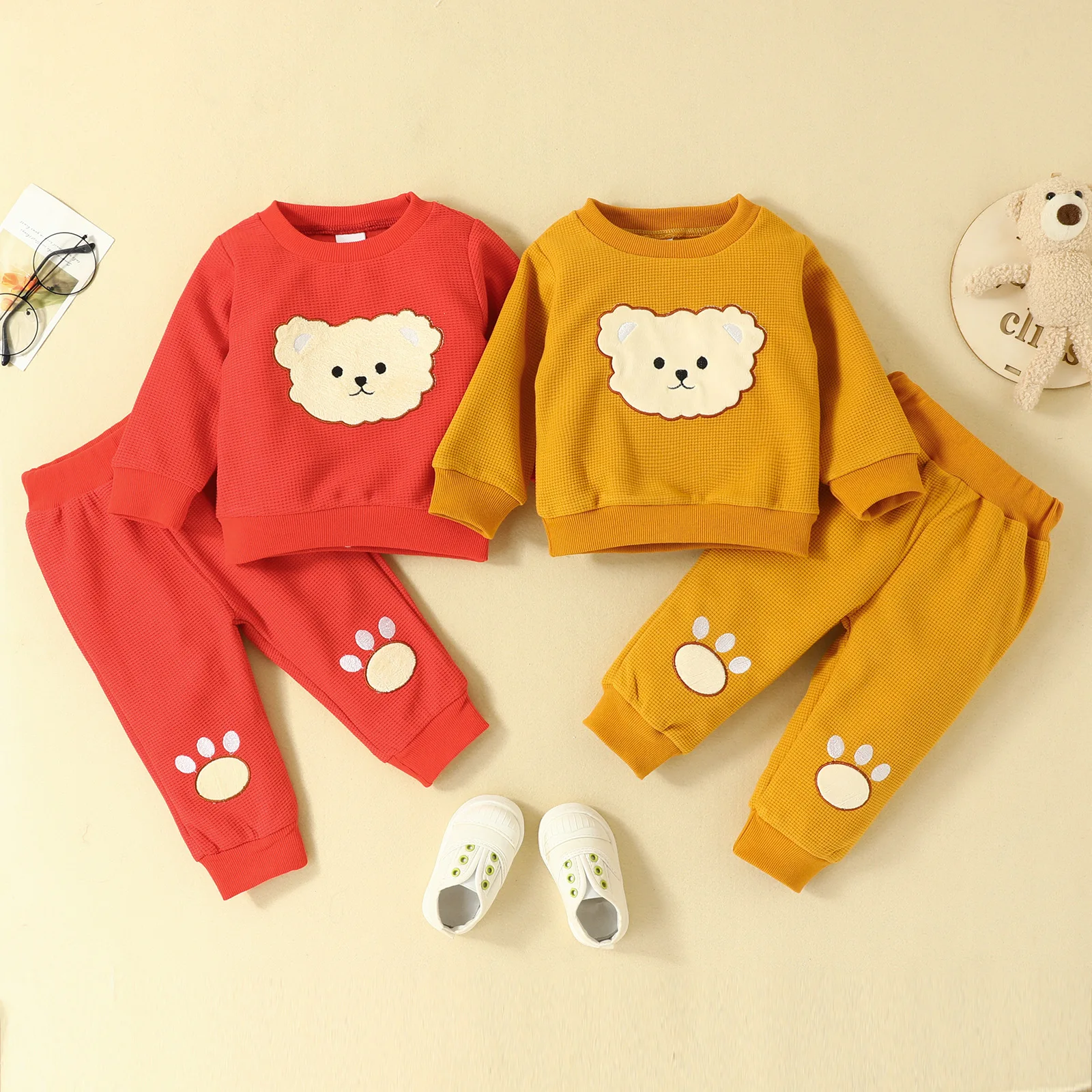 

Cartoon Bear Print Cotton Cute Kids 2 Pieces Sets Long Sleeve O Neck Baby Boy Girls Sweatshirt Casual Autumn Winter Pants
