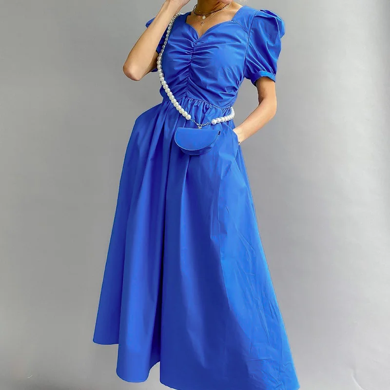 

Fashion Casual New Fashion V-neck Robe Solid Color Pleated Open Back Puff Sleeve Waist Mid-length Dress Female 2022 New Summer