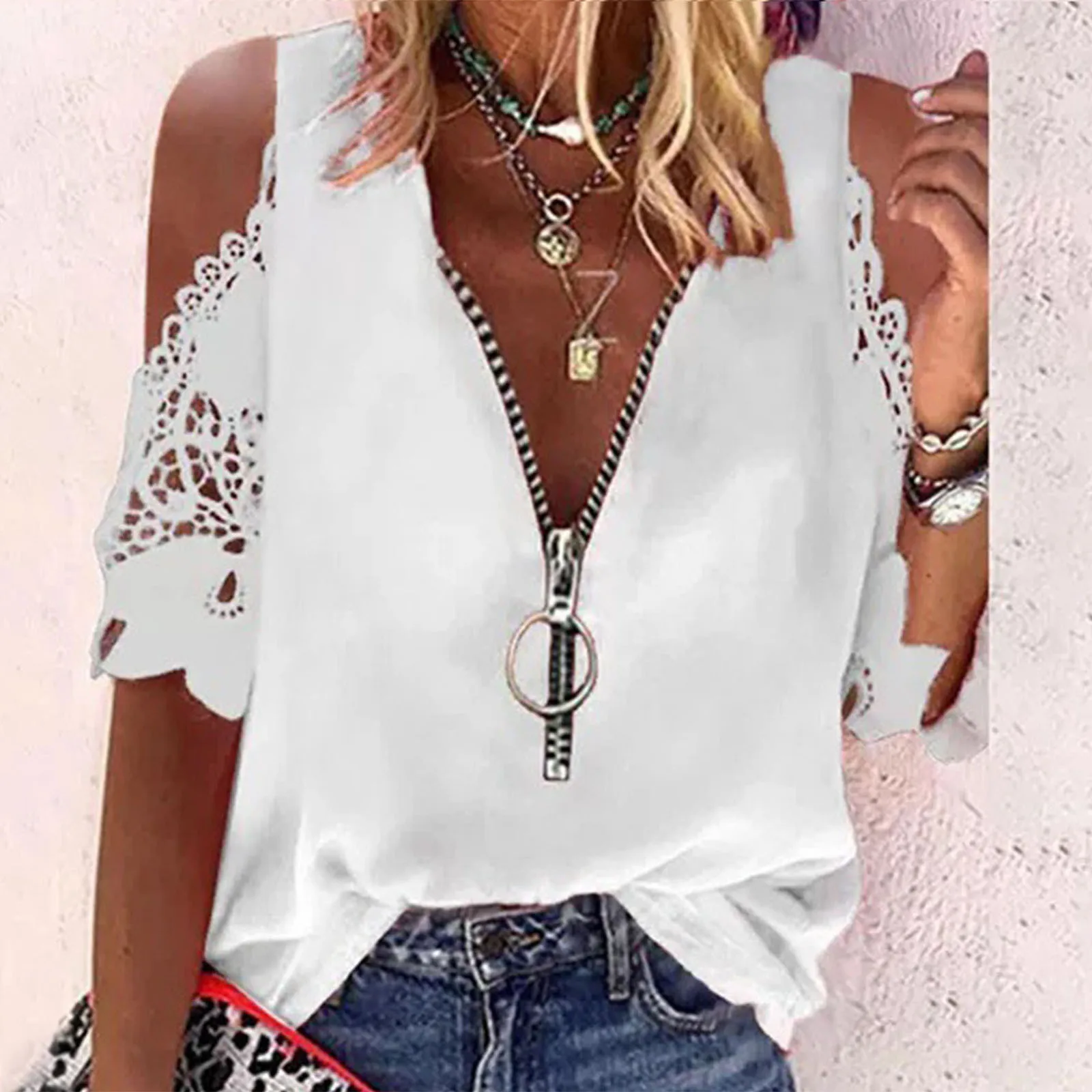 Sexy Lace Off Shoulder Top Zipper V Neck Shirt Ladies White Tee Women Casual New Fashion Hollow out Blouse vestidos mujer verano