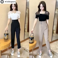 hollow out lace stitched chiffon shirt top slim fit high waist trousers two piece set 2022 summer new elegant womens pants set