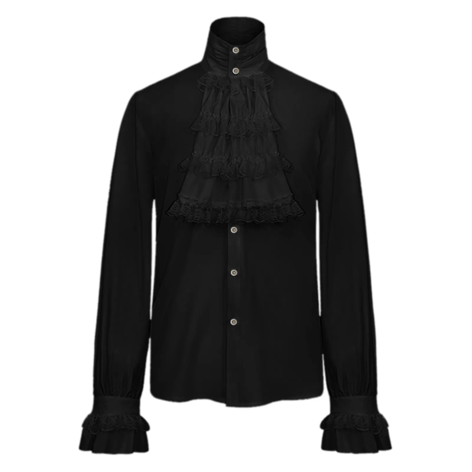 

Men Romper Jumpsuit Male Gothic Vintage Lace Shirt Stand Collar Long Sleeve Fold Shirt Blouse Black Mid Turtleneck Men