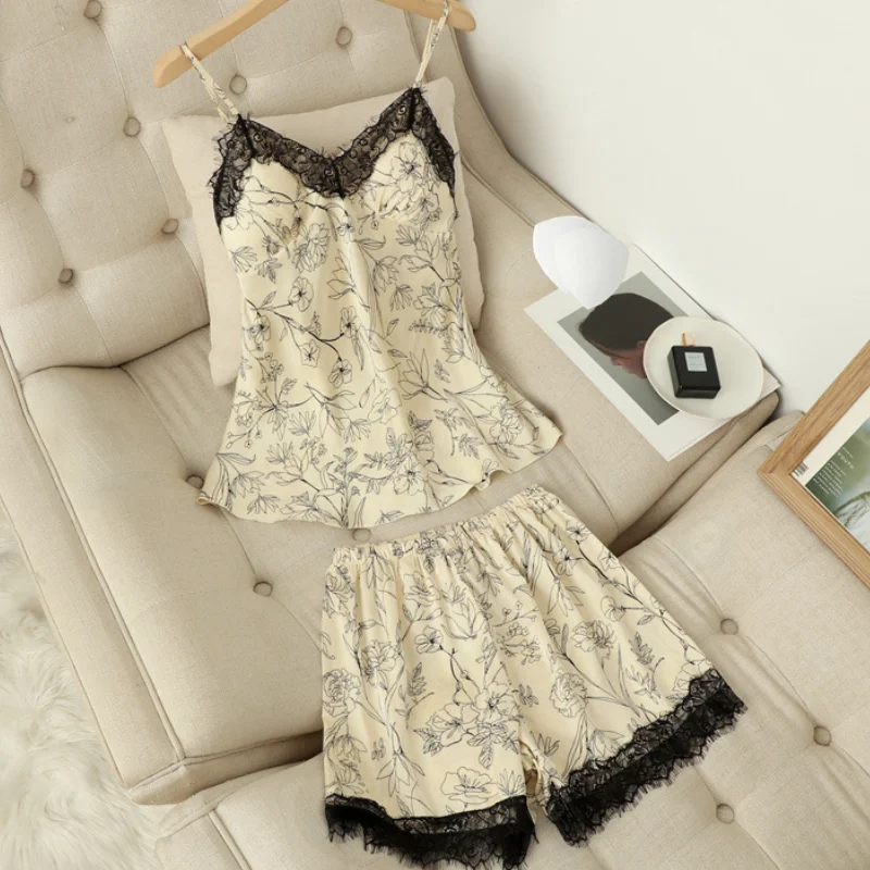 

Print Leopard Sleepwear V-Neck Sleep Set Women Two Pieces Camisole Suit With Shorts Satin Lace Patchwork Home Clothes Nightgown