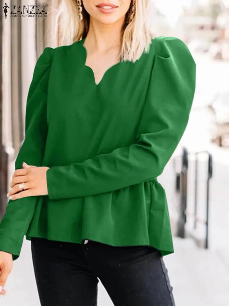 

2022 ZANZEA Spring OL Shirt Elegant Women V Neck Long Puff Sleeve Blouse Solid Party Blusas Femininas Casual Ruffles Hem Tops