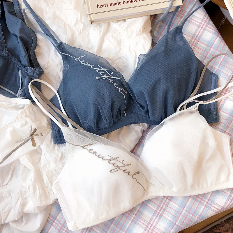 

Japanese embroidered letters retro lingerie panties set no steel ring gather comfortable bralette mesh sexy underwear women