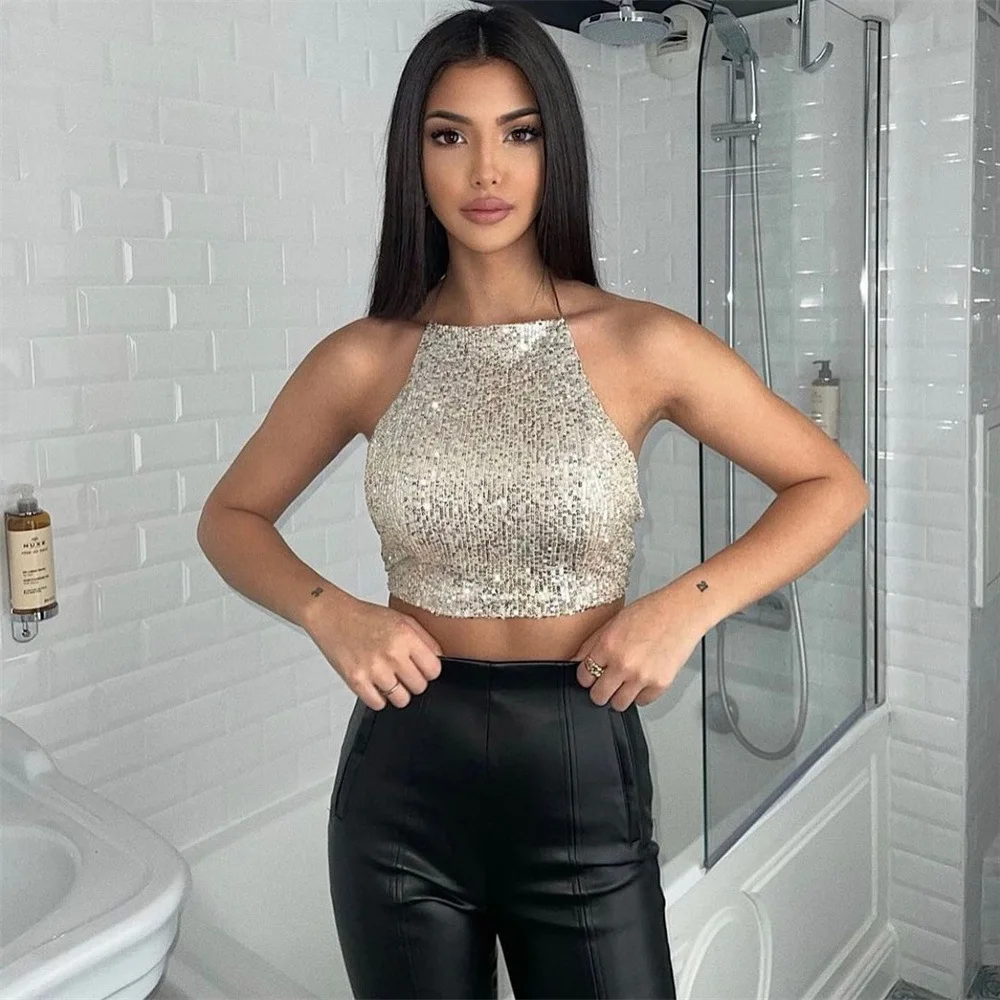 

Sexy Sequin Top Women's Nightclub Metal Sheet Backless Strap Halter Tube Top Sequin Vest