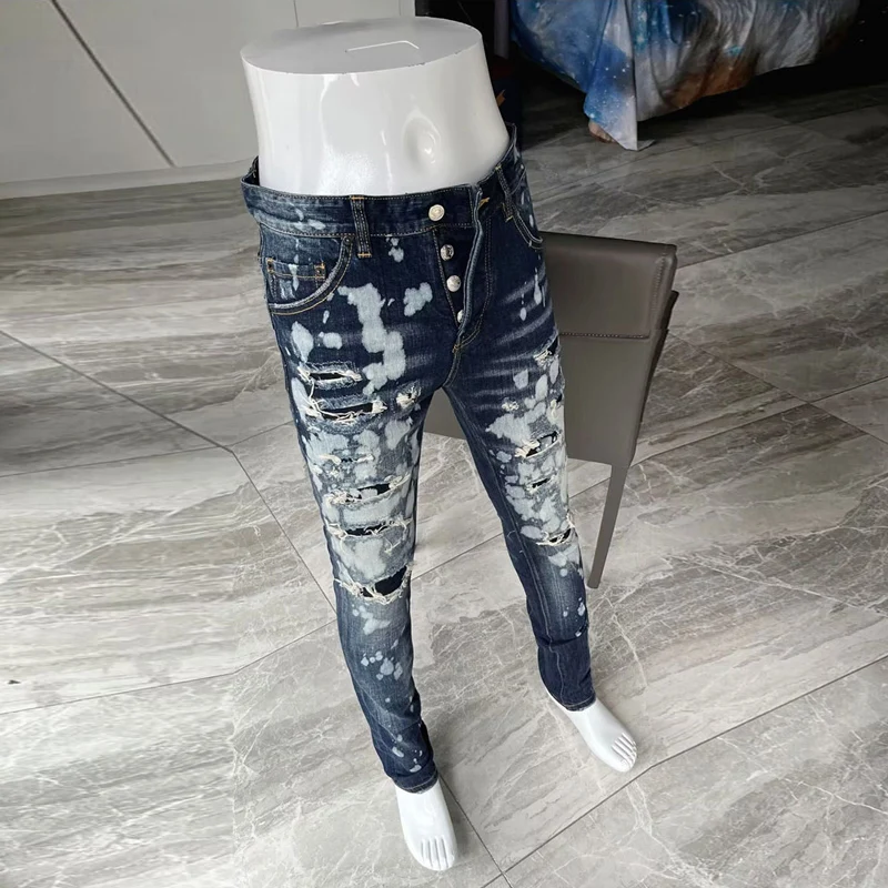 Street Fashion Men Jeans Retro Blue Elastic Slim Ripped Jeans Men Patched Trousers Painted Designer Hip Hop Brand Pants Hombre