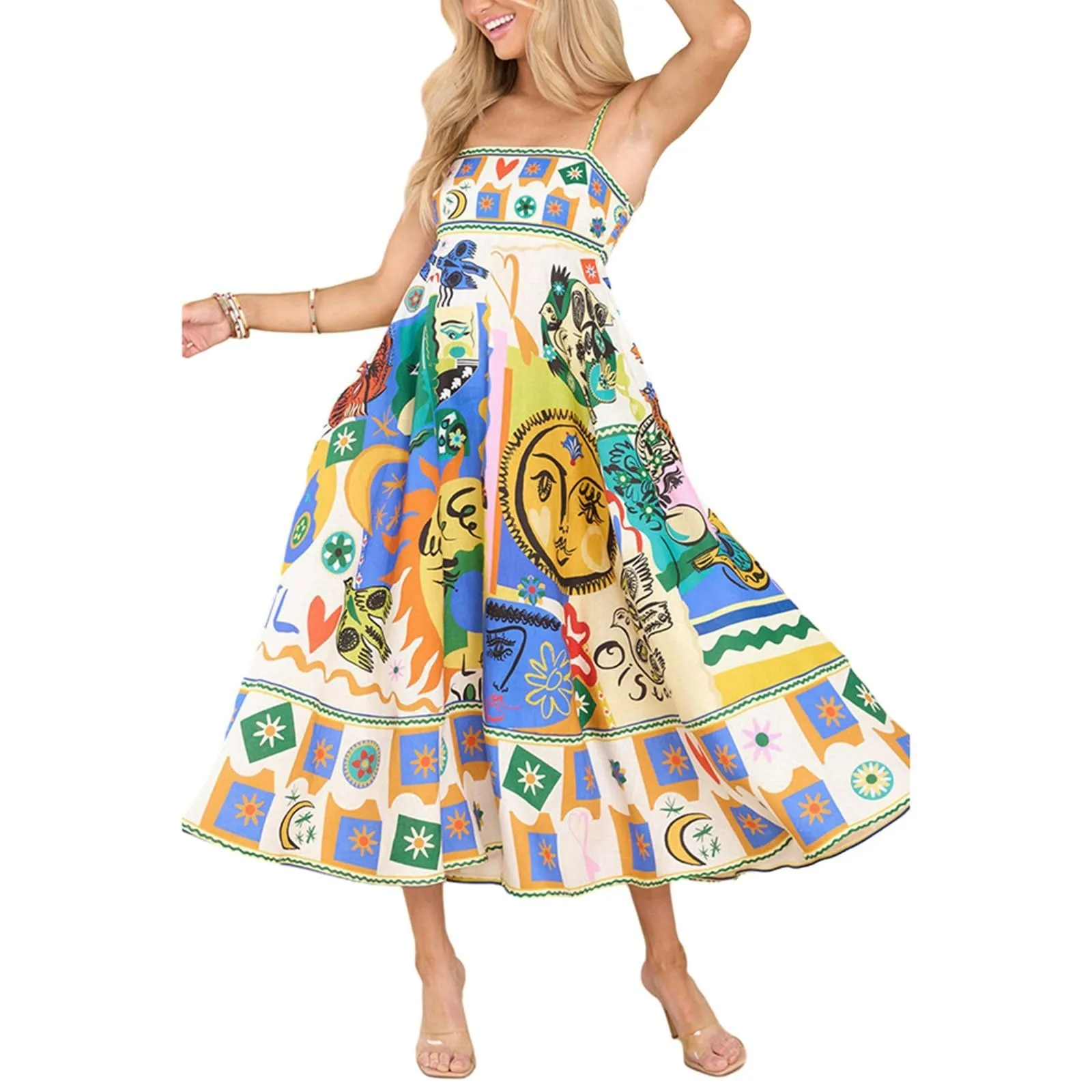 Женское платье трапециевидной формы из смеси хлопка и полиэстера без рукавов в