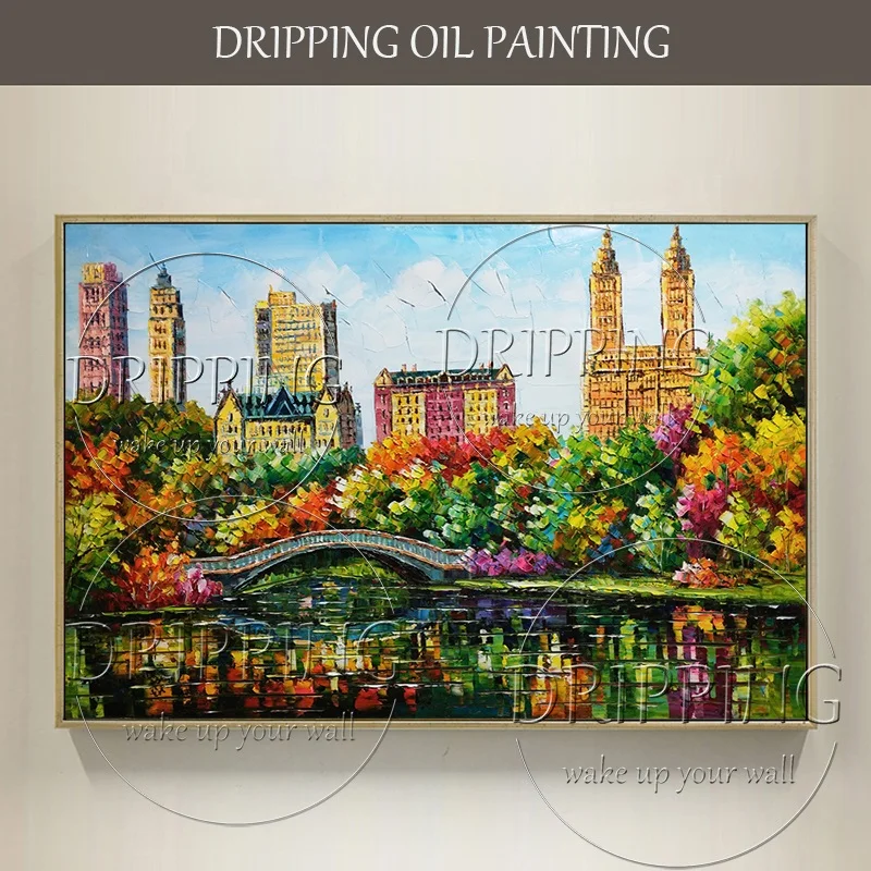 

Skilled Artist Hand-painted Superb Art Pallete Knife Landscape Oil Painting on Canvas New York Central Park View Oil Painting