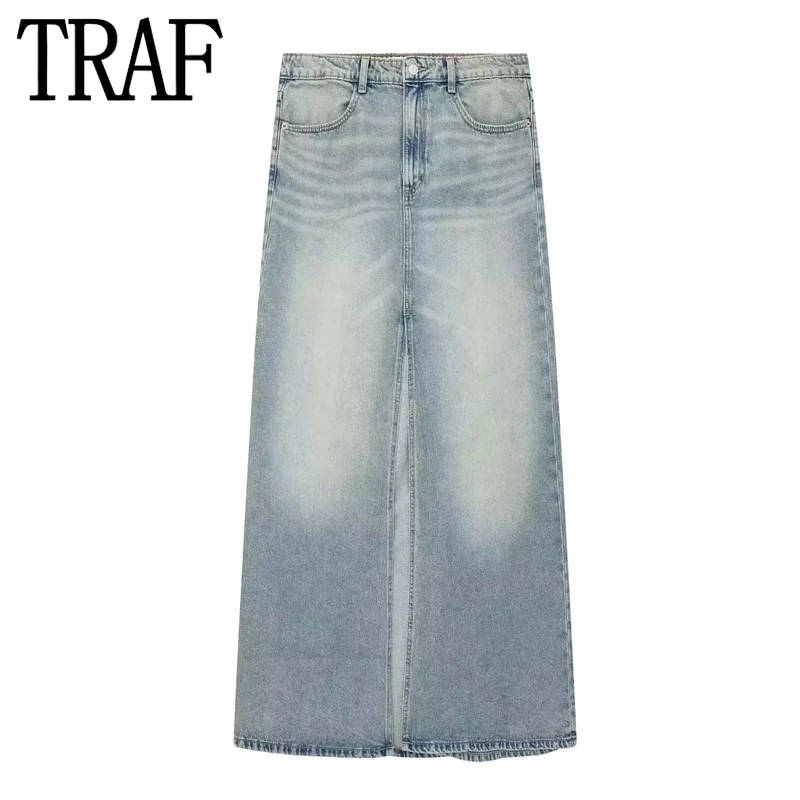 

TRAF Faded Denim Skirt Woman Jean Midi Skirt With Slit Mid-Waist Long Skirts For Women Fashion 2023 Streetwear Summer Skirts