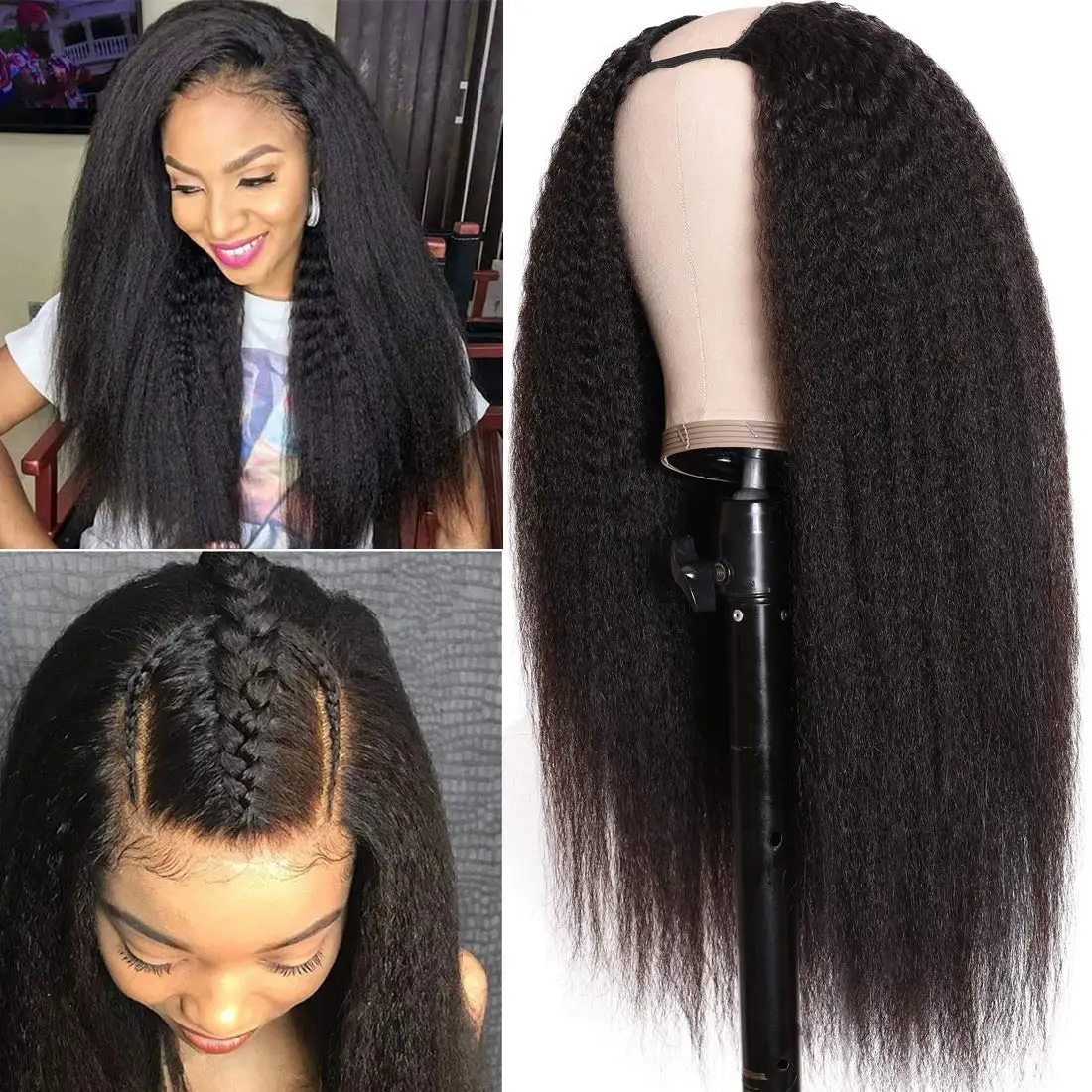 Kinky Straight U Part Wig Human Hair Brazilain Yaki Straight Remy Hair Full Machine U Part Wigs For Black Weman 180% Density