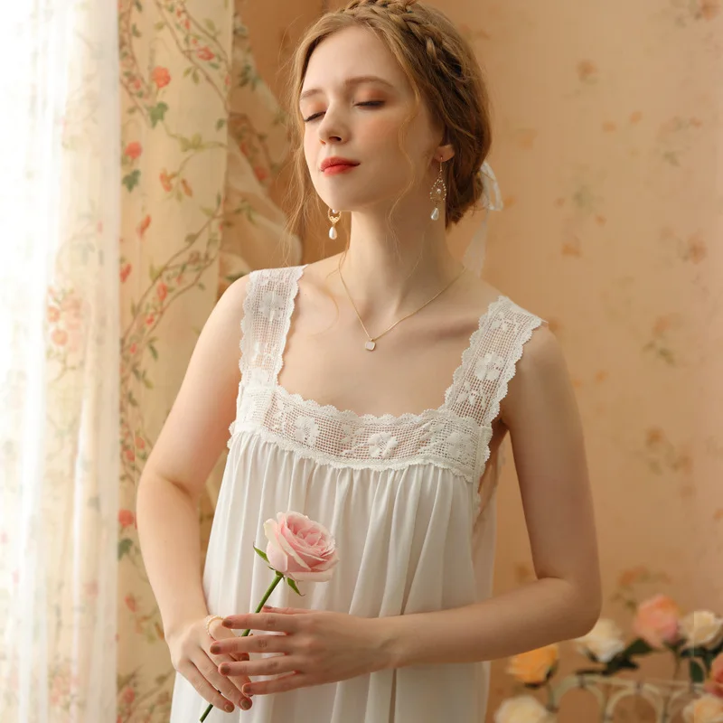Sling Nightgown Cotton Palace Princess French Style Sexy Pajamas Sleeveless Long Sweet Loose Home Clothes 2023 New Style