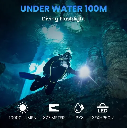 Фото Ультраяркий 10000LM SD01 Pro 3* XHP50.2 Подводный светодиодный фонарь для дайвинга с магнитным переключателем управления №5