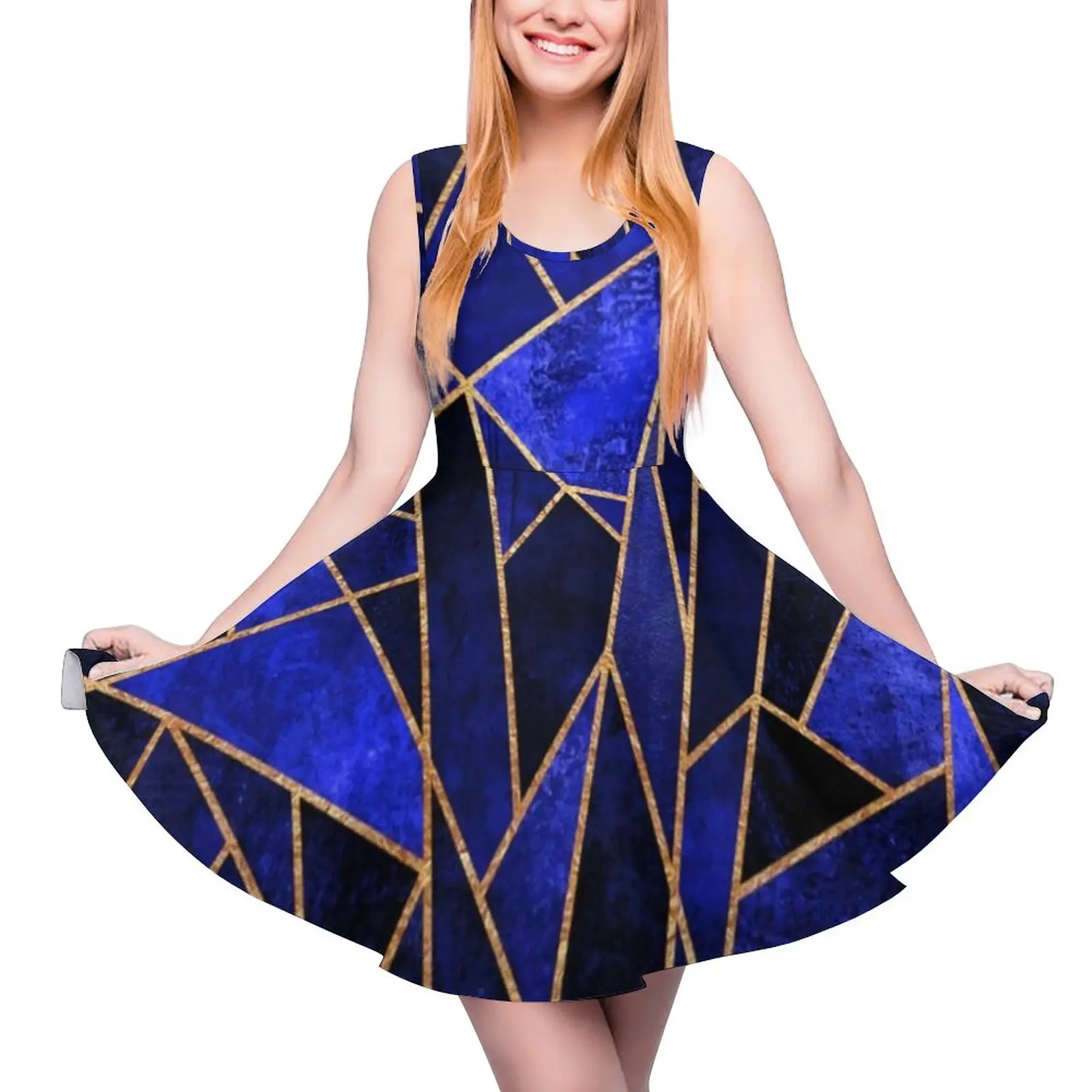 

Blue Geometry Dress Gold Line Print Kawaii Dresses High Waist Casual Skate Dress Woman Custom Vestidos Gift
